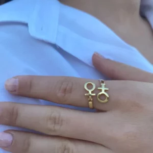 Bague lesbienne double Vénus dorée sur fond bleu