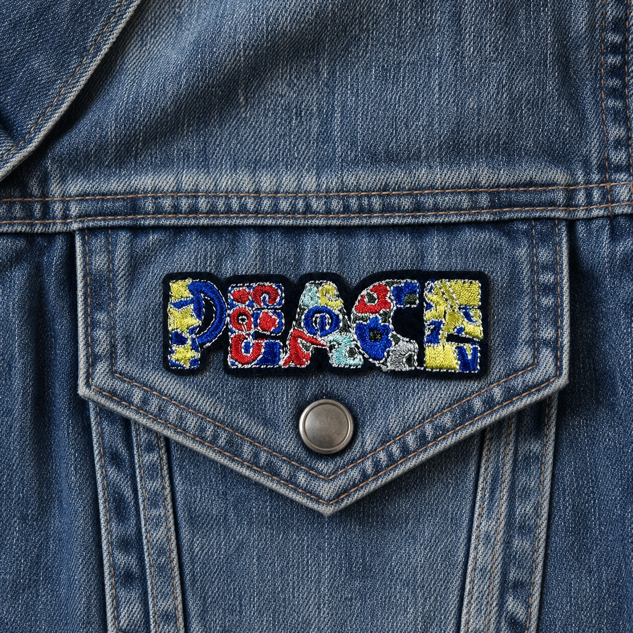 Écusson PEACE multicolore sur une veste en jean