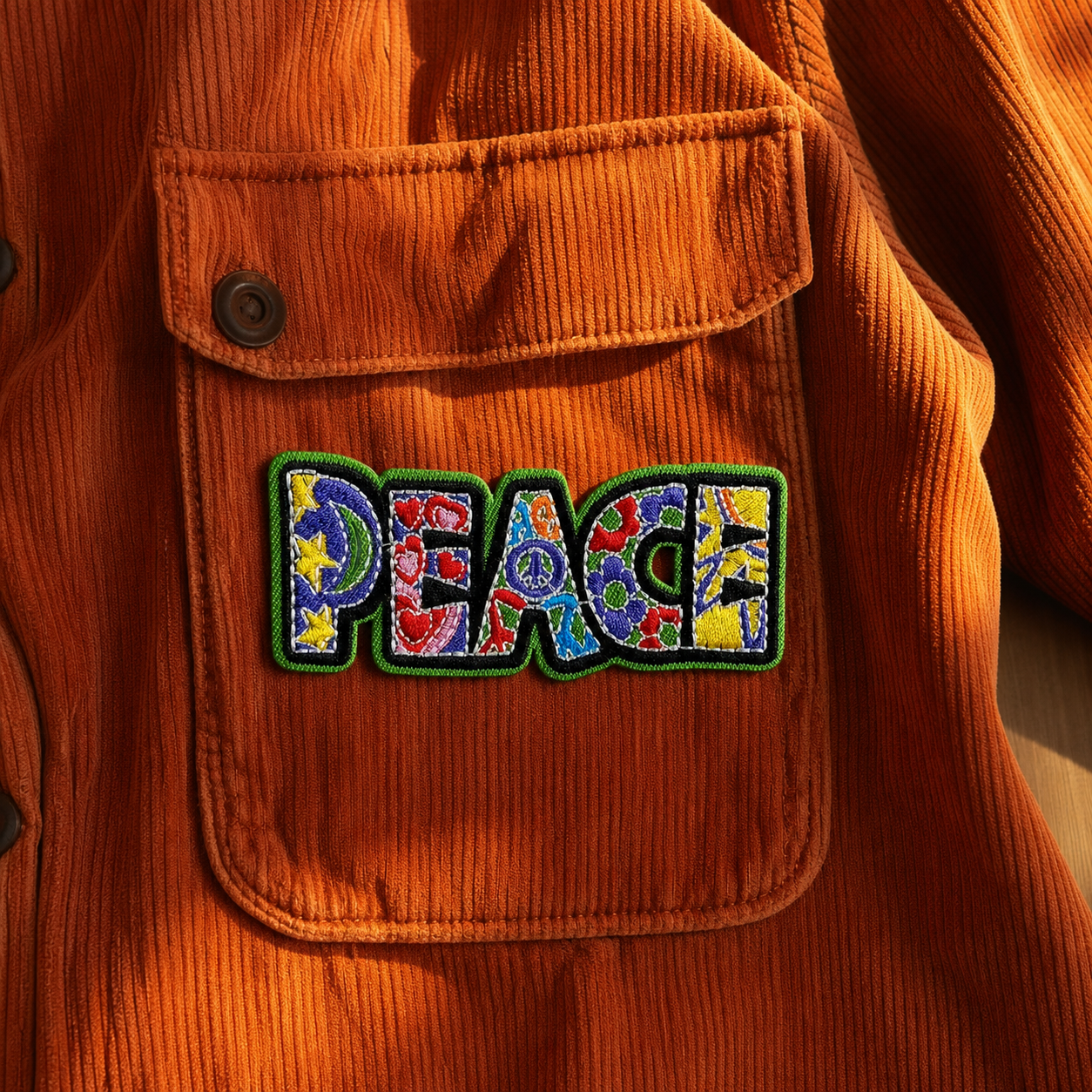 Écusson PEACE à bord vert sur une veste en velours rouille