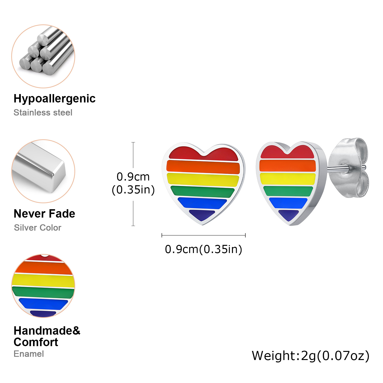 Dimensions des boucles cœur arc-en-ciel