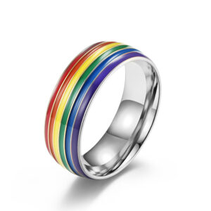 Bague arc-en-ciel argentée en acier inoxydable