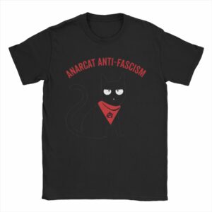 T-shirt noir Anarcat Anti-Fascism avec chat au foulard rouge