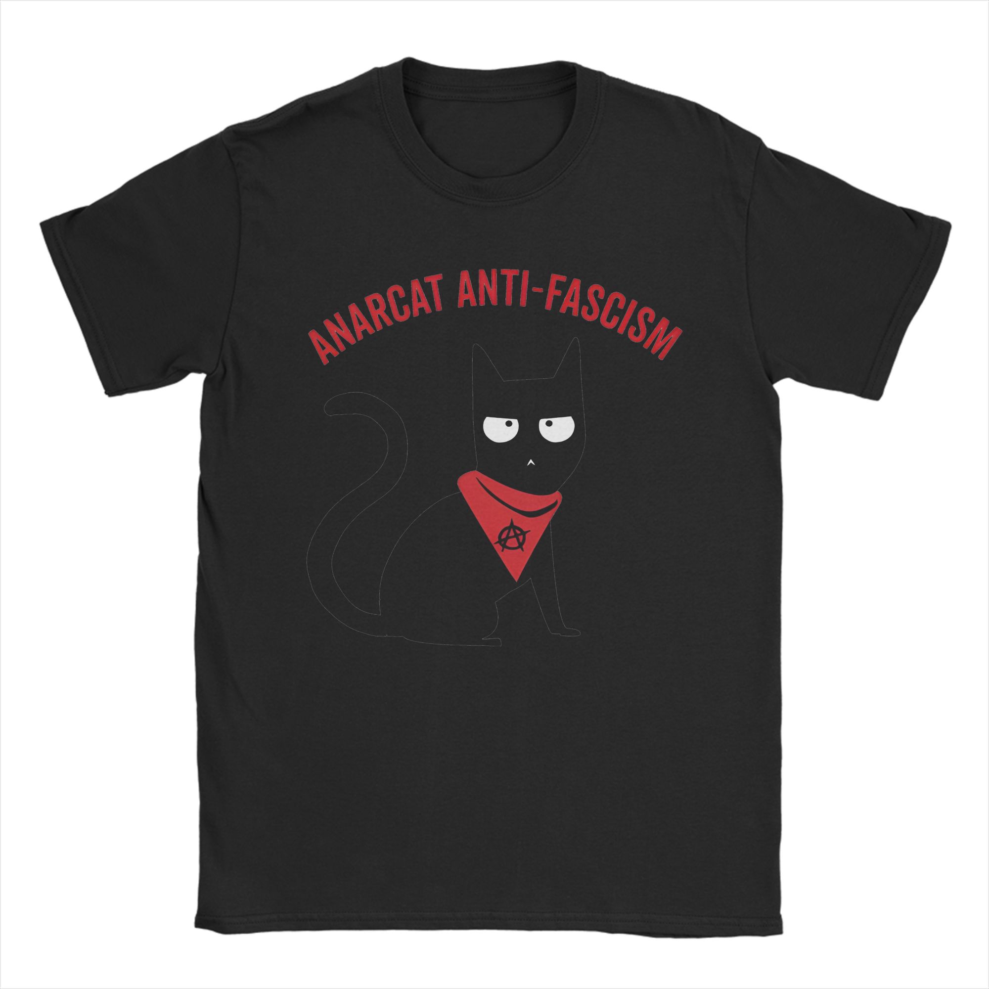 T-shirt noir Anarcat Anti-Fascism avec chat au foulard rouge